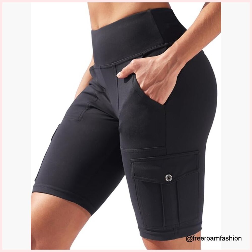 High Waisted Tummy Control Yoga Shorts with Cargo Pockets - Picture 1 of 7